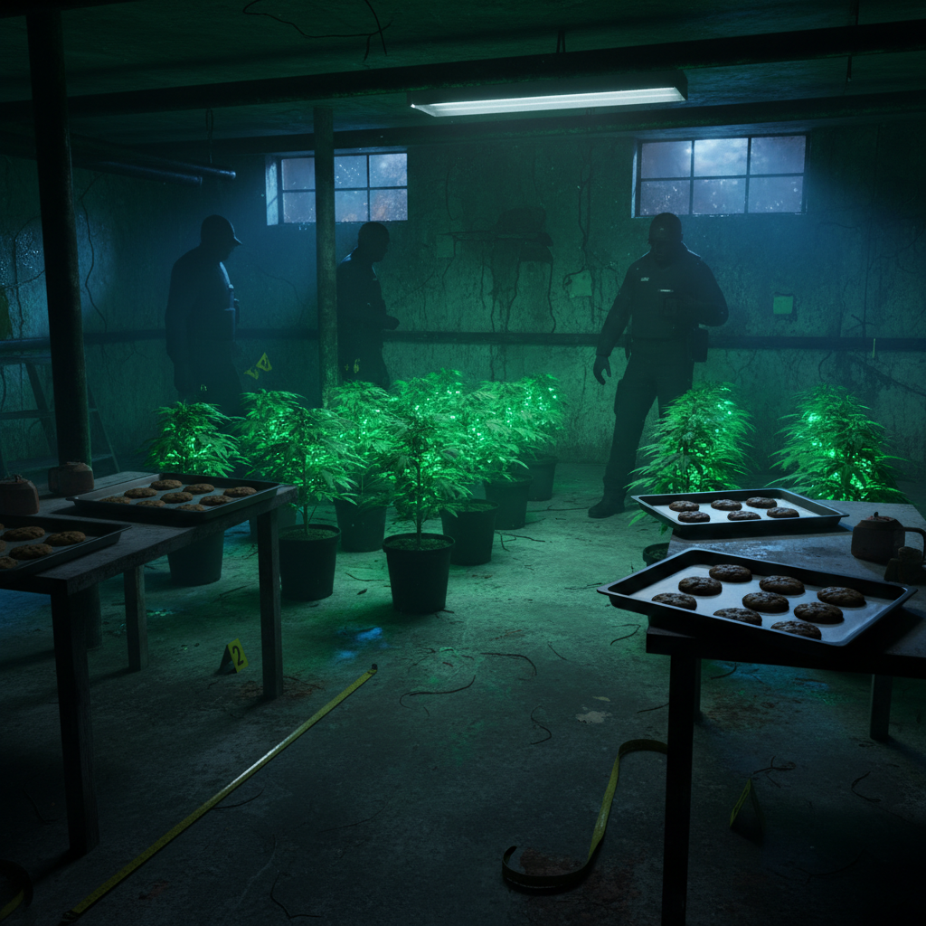 Halladas plantas de cannabis y galletas de droga en un sótano